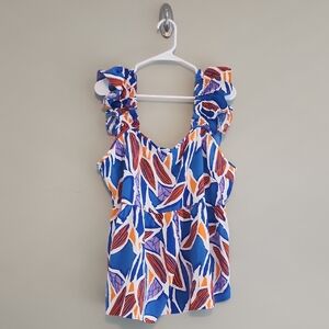 Chic Soul Blue Leaf-Print Ruffle Strap Tank
